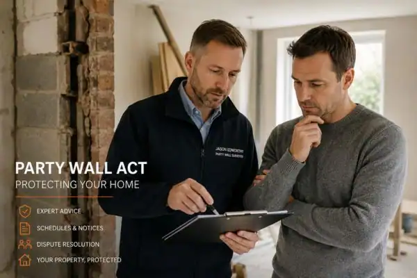 Party wall surveyor Nottingham discussing extension plans with homeowner outside a UK semi-detached house.